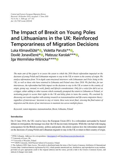 The Impact of Brexit on Young Poles and Lithuanians in the UK: Reinforced Temporariness of Migration Decisions